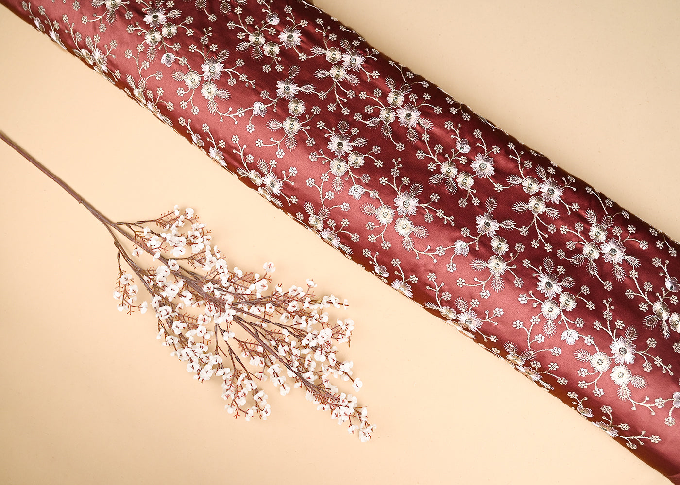 Mauve Satin Fabric With All Over Thread And Sequins Work 20979