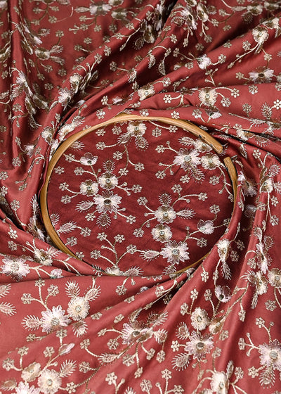 Maroon Satin Fabric With All Over Thread And Sequins Work 20979
