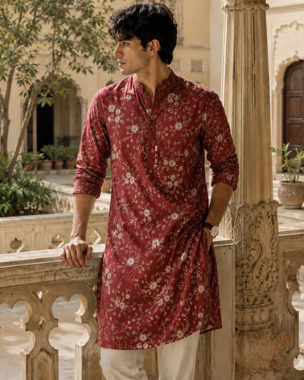 Maroon Satin Fabric With All Over Thread And Sequins Work 20979