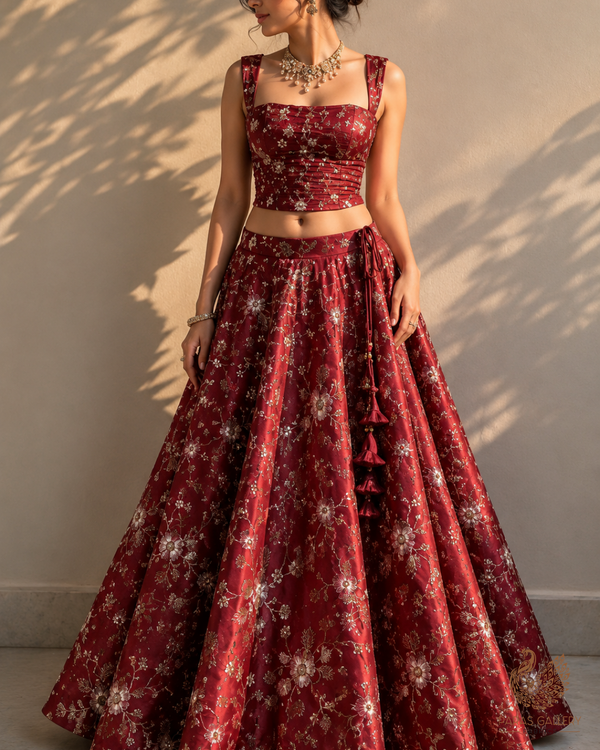 Maroon Satin Fabric With All Over Thread And Sequins Work 20979