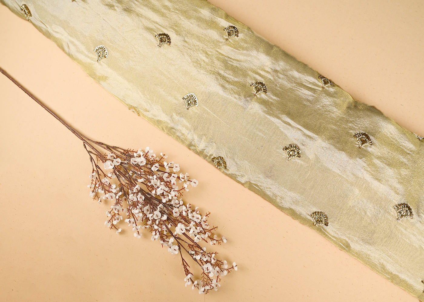 Golden Tissue Fabric with Allover Buti of Sequins, Katdana and Bead Work 20984