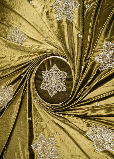 Mehendi Green Velvet Fabric With All Over Buti Of Sequins, Katdana and Bead 20985