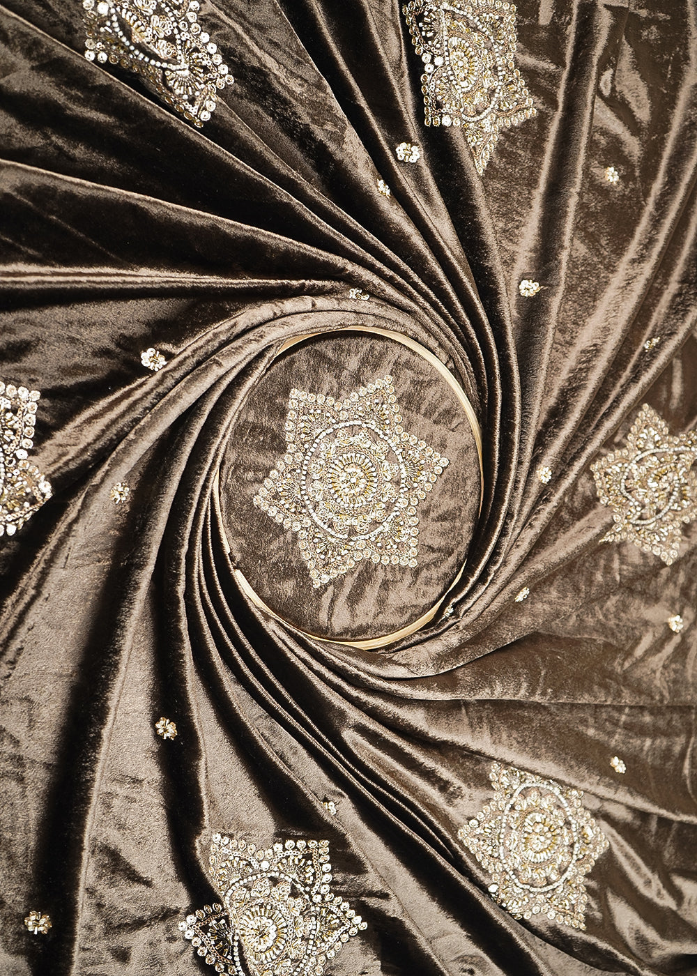 Coffee Velvet Fabric With All Over Buti Of Sequins, Katdana and Bead Work 20986