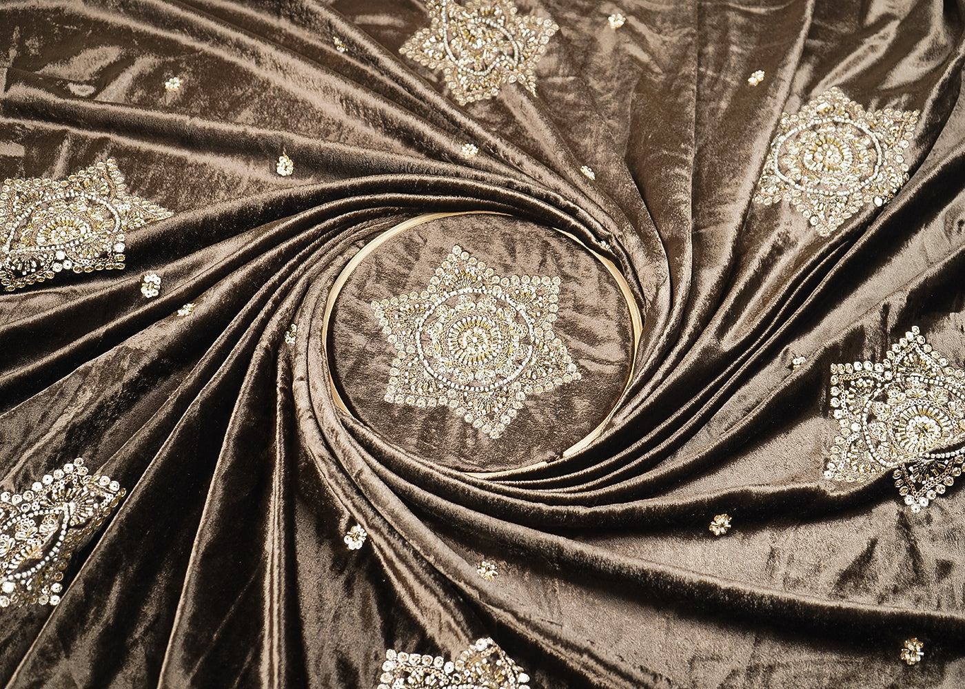 Coffee Brown Velvet Fabric With All Over Buti Of Sequins, Katdana and Bead 20986
