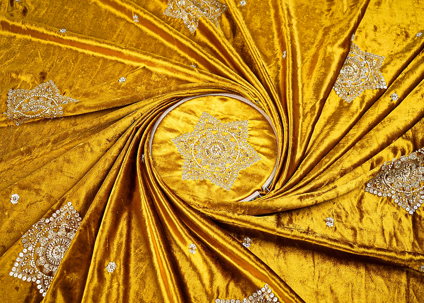 Yellow Velvet Fabric With All Over Buti Of Sequins, Katdana and Bead 20988