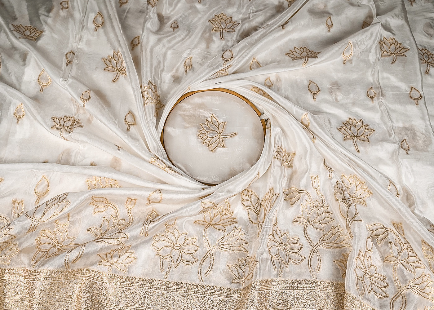 White Crepe Fabric with Allover Buti of Golden Zari Handloom with One Side Heavy Border 20991