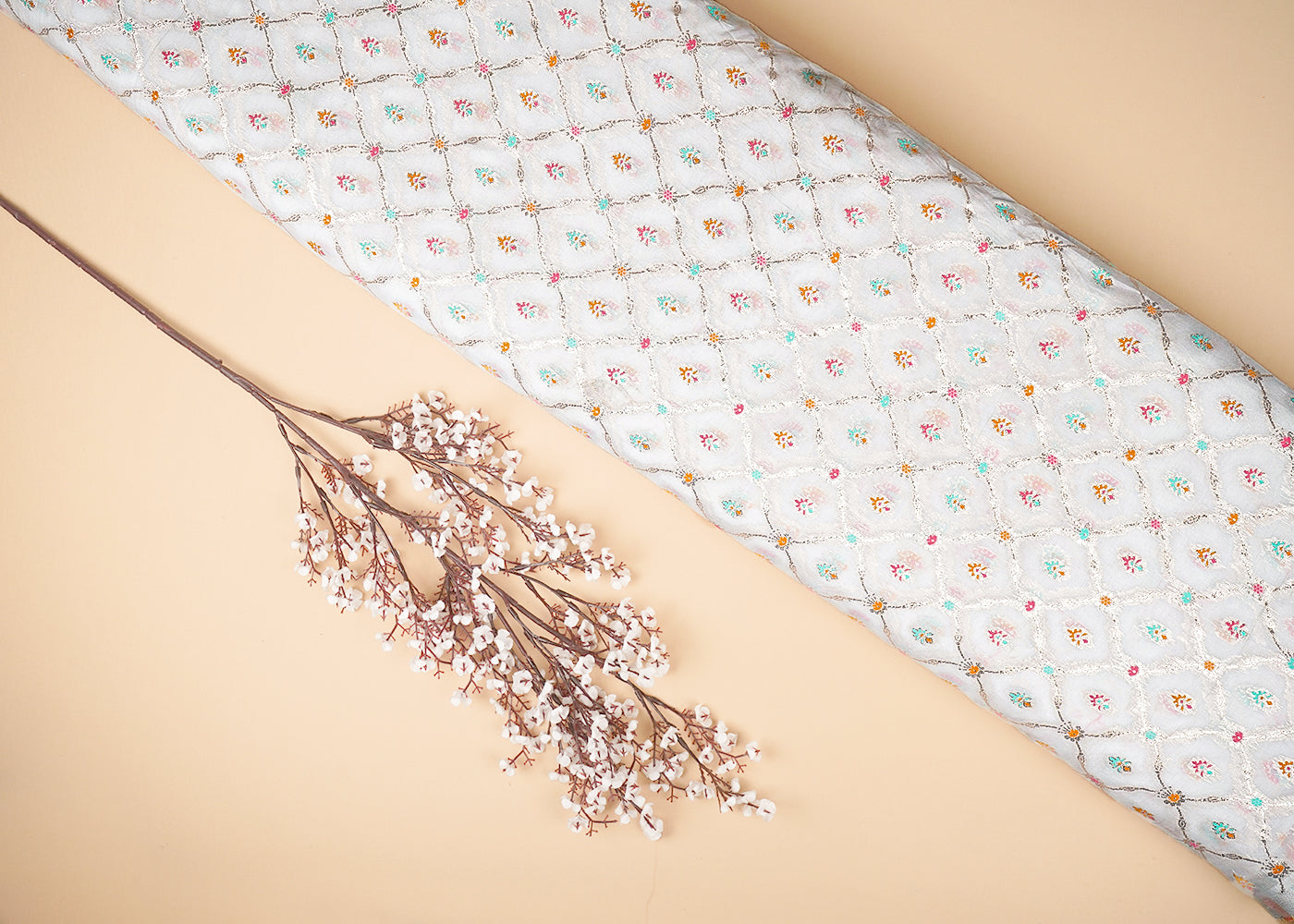 White Organza Fabric With All Over Thread And Zari Handloom 20993