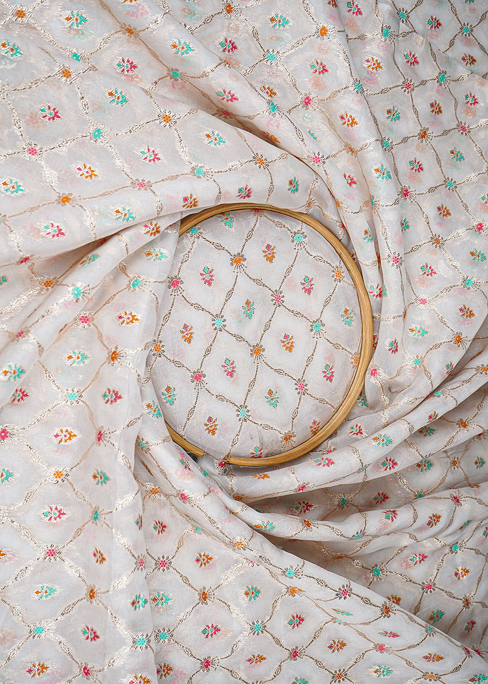 White Dyeable Organza Fabric With All Over Thread And Zari Handloom 20993