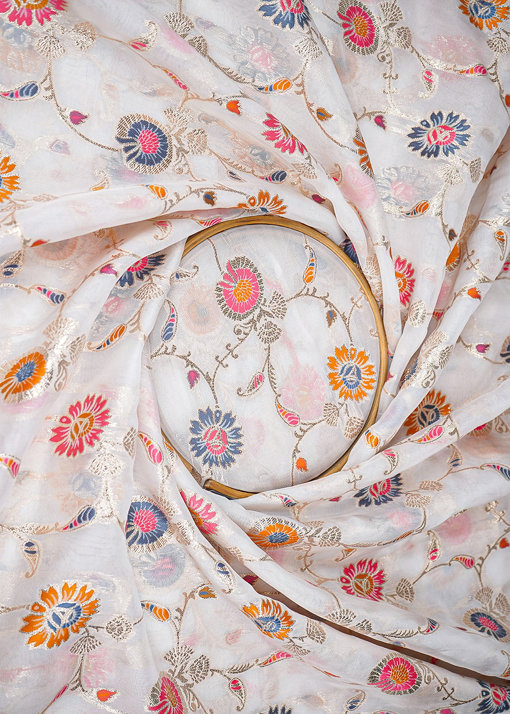 White Dyeable Organza Fabric With All Over Thread And Zari Handloom 20994