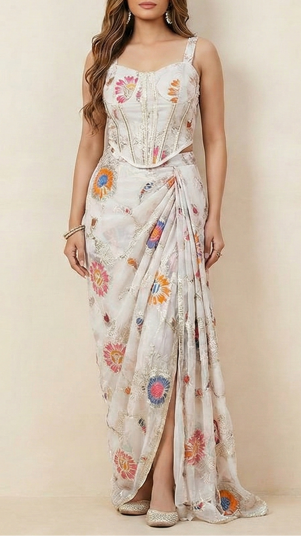 White Dyeable Organza Fabric With All Over Thread And Zari Handloom 20994