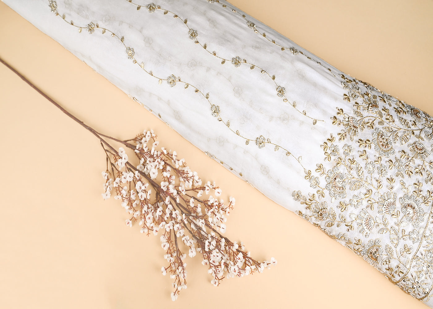 White Georgette Fabric With All Over Katdana, Zari, Sequins And Bead Work With One Side Border 21002