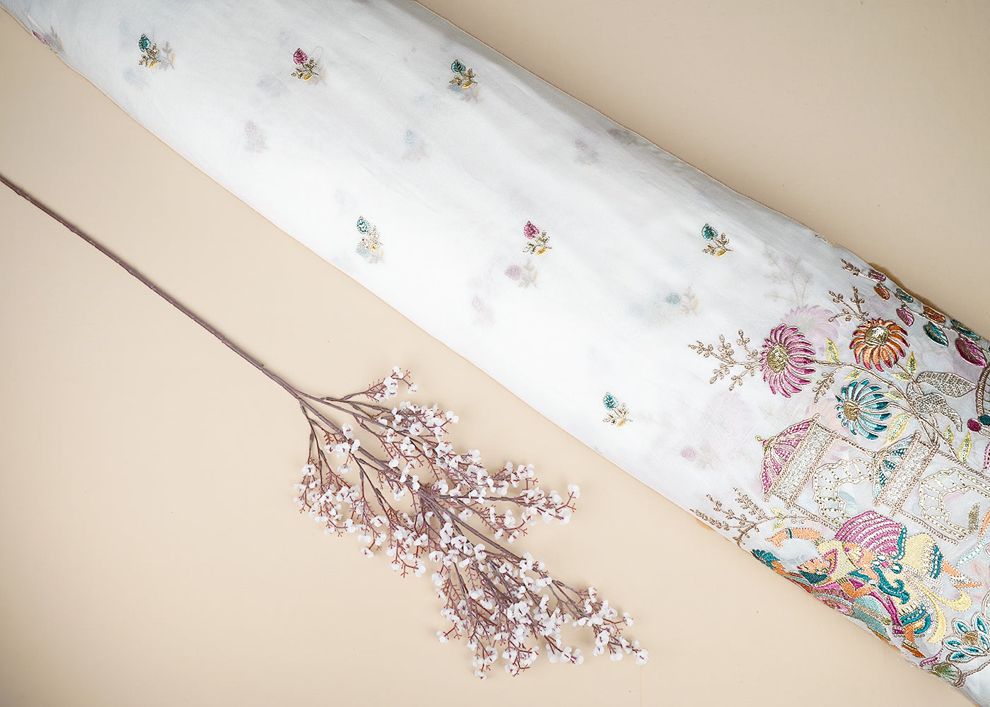 White Georgette Fabric With All Over Bead, Sequins And Thread Work With One Side Border 21003