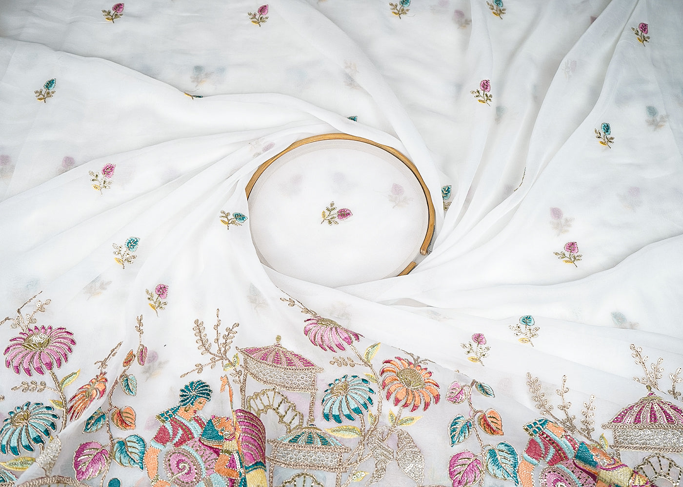 White Georgette Fabric With All Over Bead, Sequins And Thread Work With One Side Border 21003