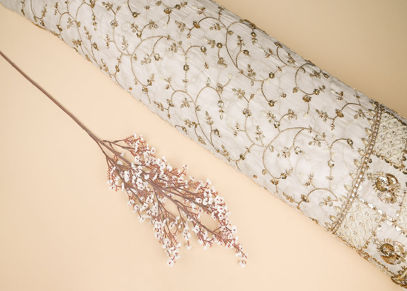 White Georgette Fabric With All Over Katdana, Zari, Bead And Sequins Work With One Side Border 21004