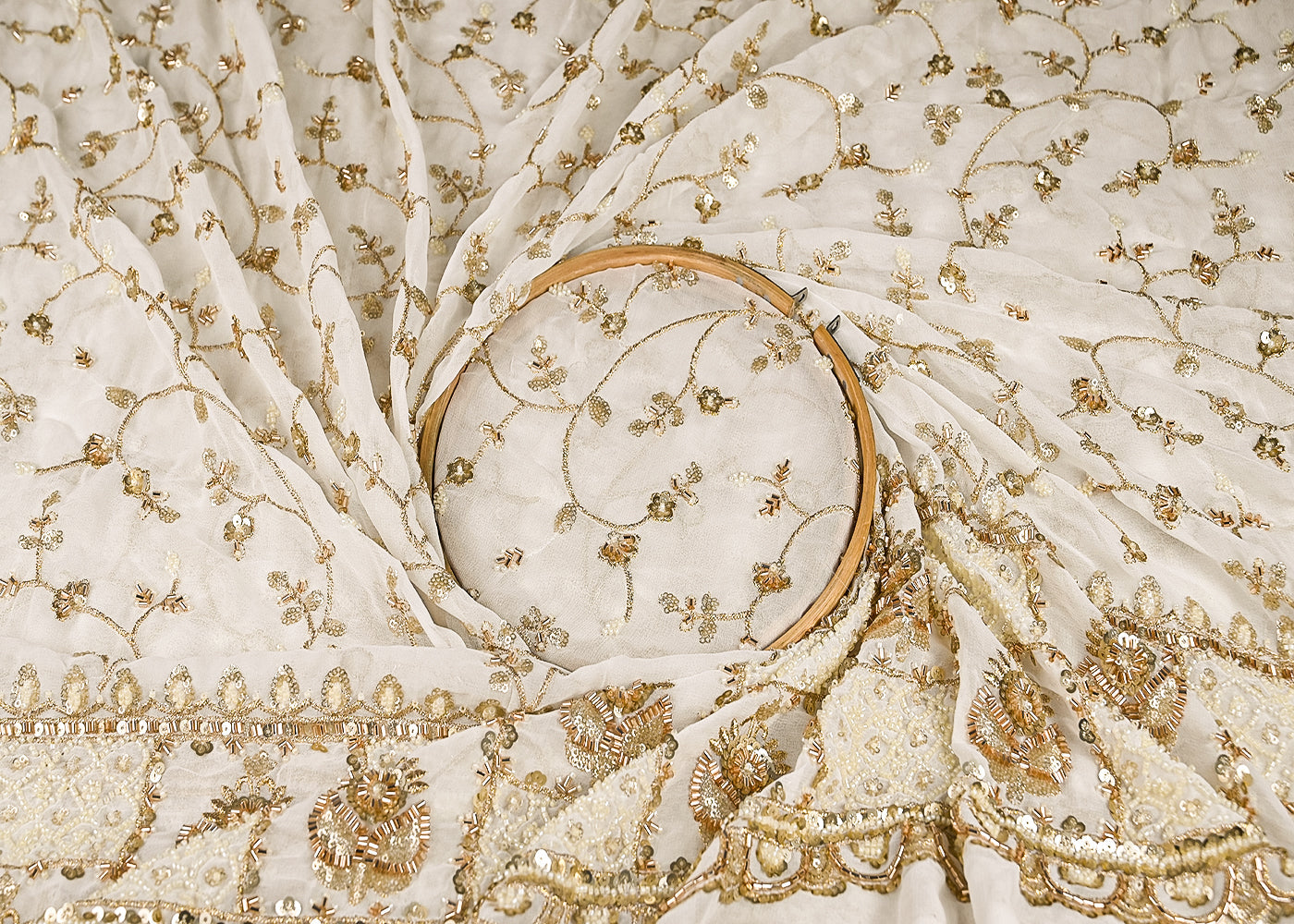 White Georgette Fabric With All Over Katdana, Zari, Bead And Sequins Work With One Side Border 21004