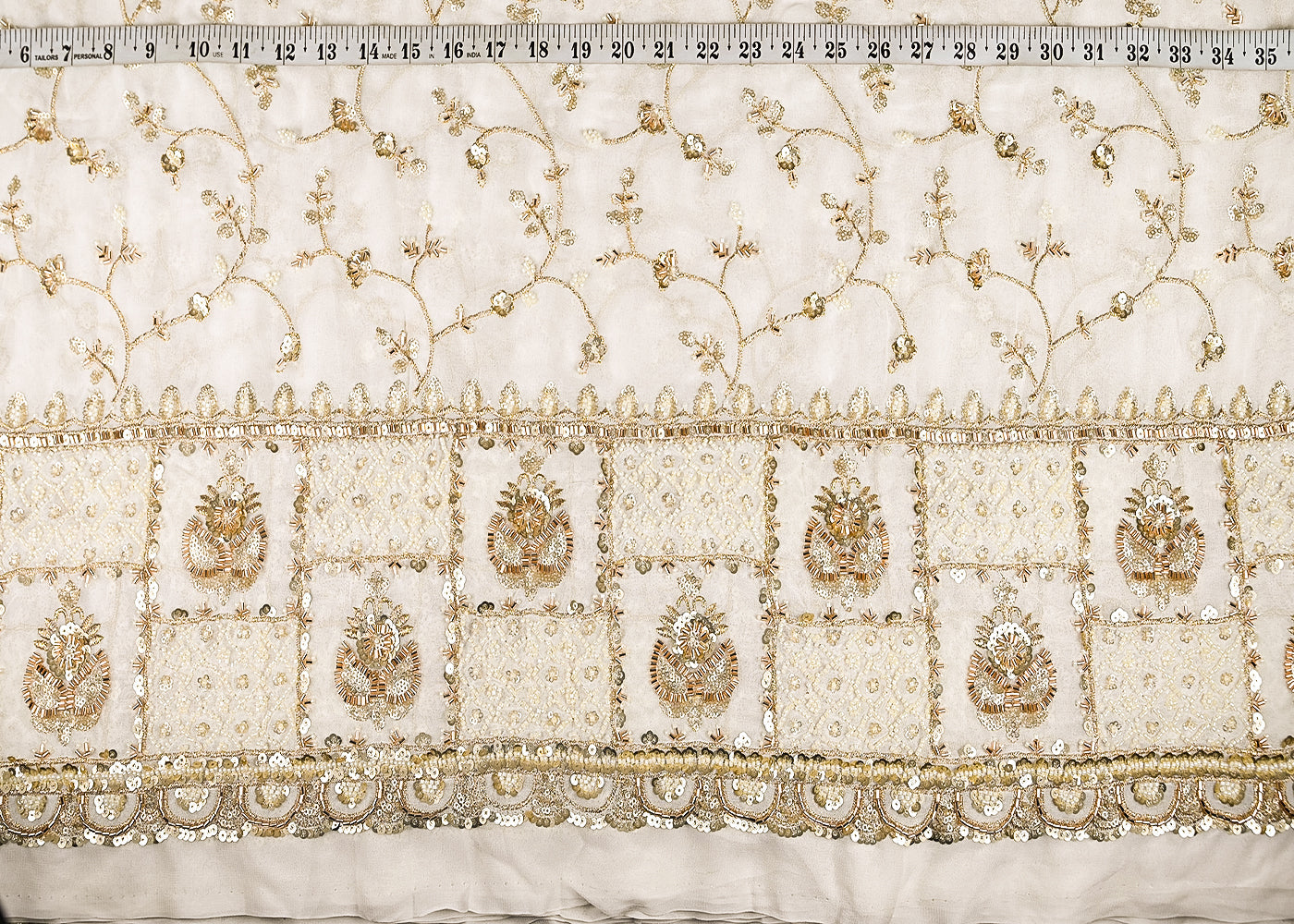 White Georgette Fabric With All Over Katdana, Zari, Bead And Sequins Work With One Side Border 21004
