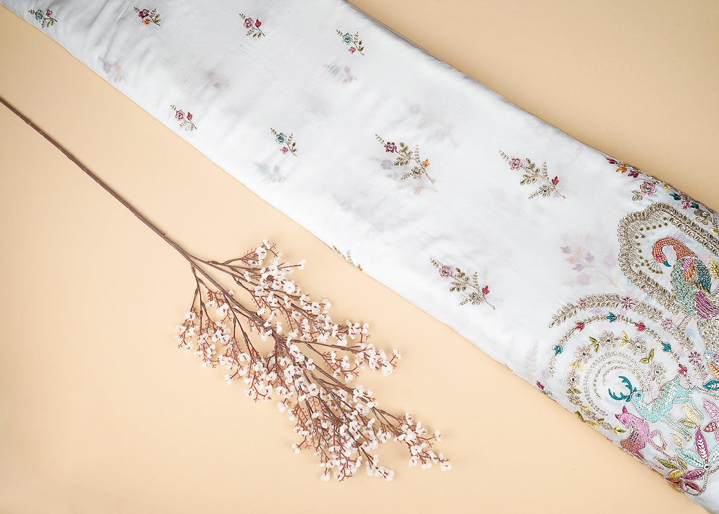 White Georgette Fabric With All Over Bead, Sequins And Thread Work With One Side Border 21006