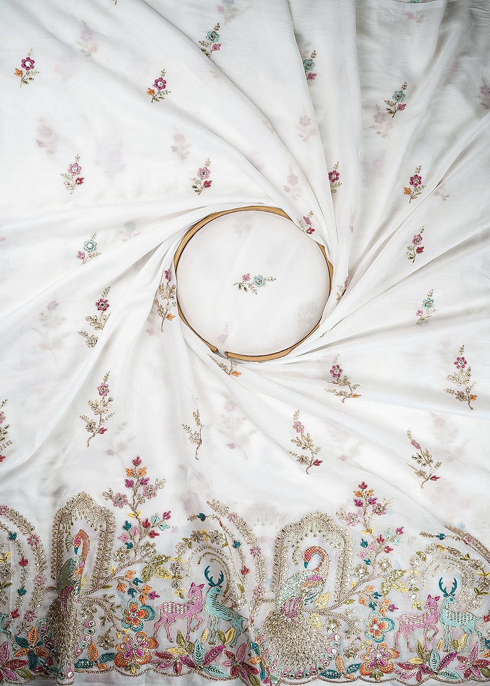 White Georgette Fabric With All Over Bead, Sequins And Thread Work With One Side Border 21006