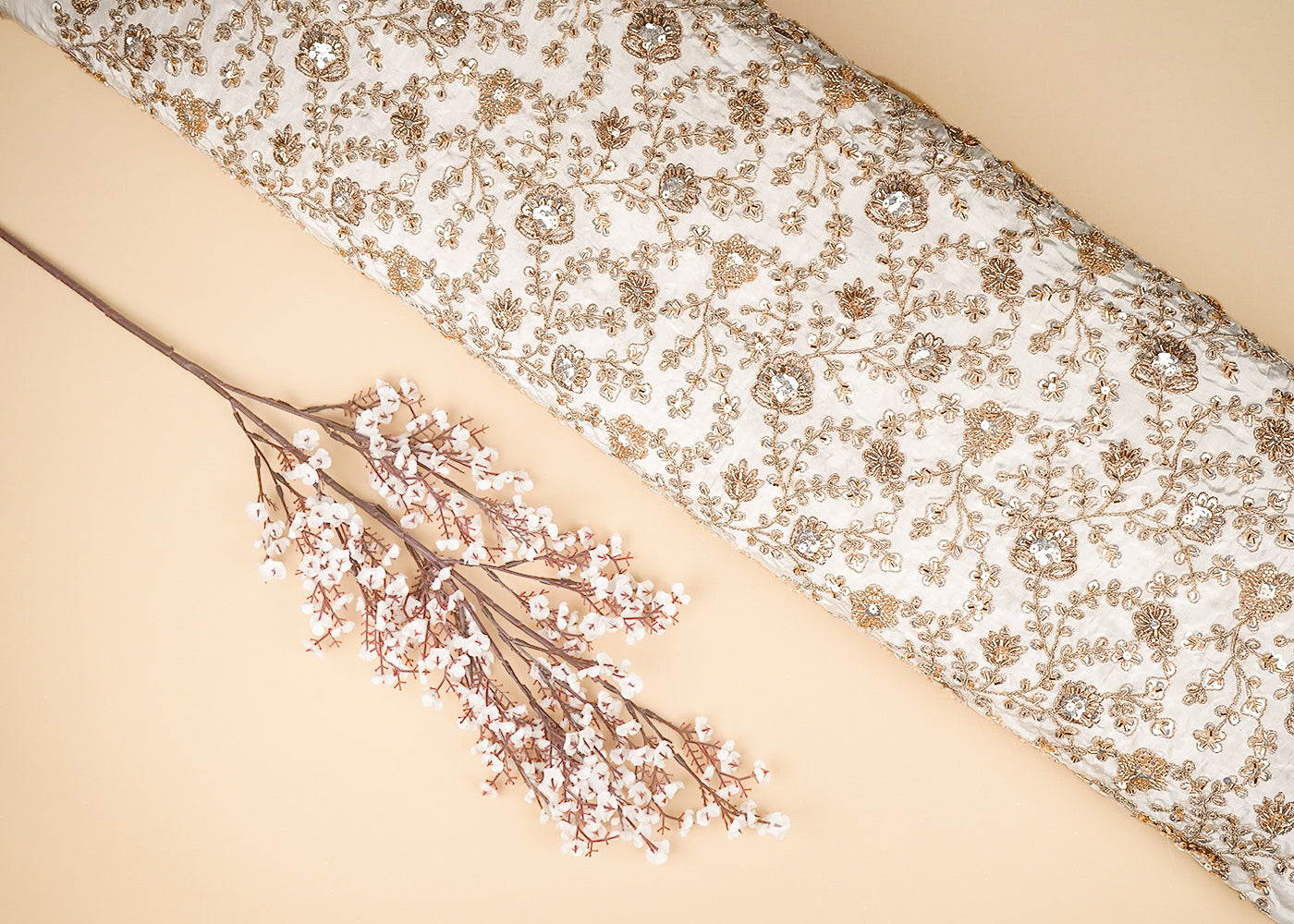 White Crepe Fabric With All Over Zari, Katdana And Sequins Work 21038