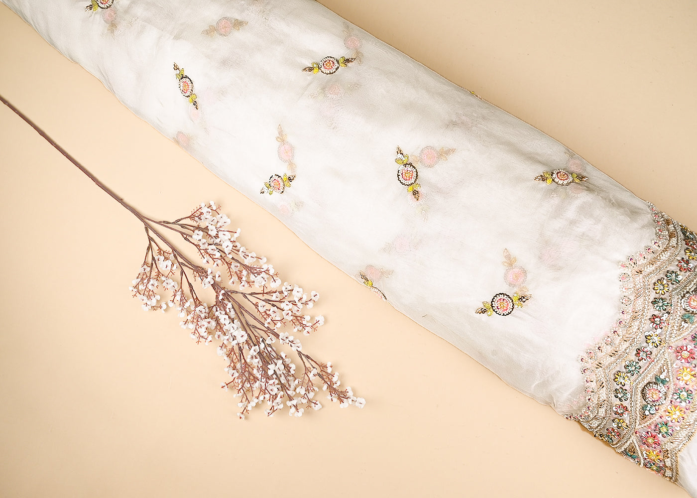 White Organza Fabric With All Over Katdana, Zari, Bead, Thread And Sequins Work With One Side Border 21039