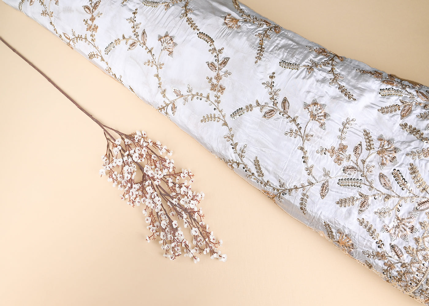 White Crepe Fabric With All Over Jaal Pattern Of Katdana, Zari, Sequins And Bead Work With One Side Border 21040