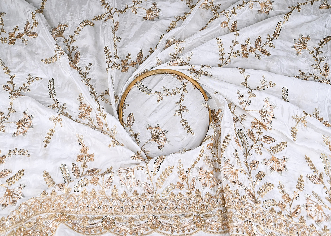 White Crepe Fabric With All Over Jaal Pattern Of Katdana, Zari, Sequins And Bead Work With One Side Border 21040