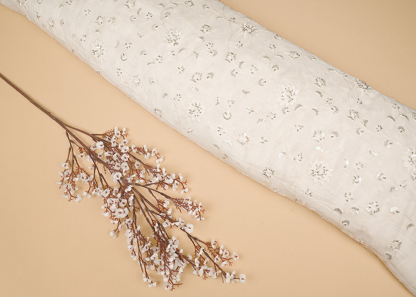 White Georgette Fabric with Allover Thread, Sequins and Katdana Work 21042