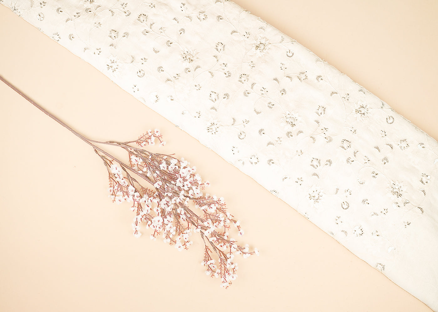 White Dyeable Georgette Fabric with Allover Thread, Sequins and Katdana Work 21042