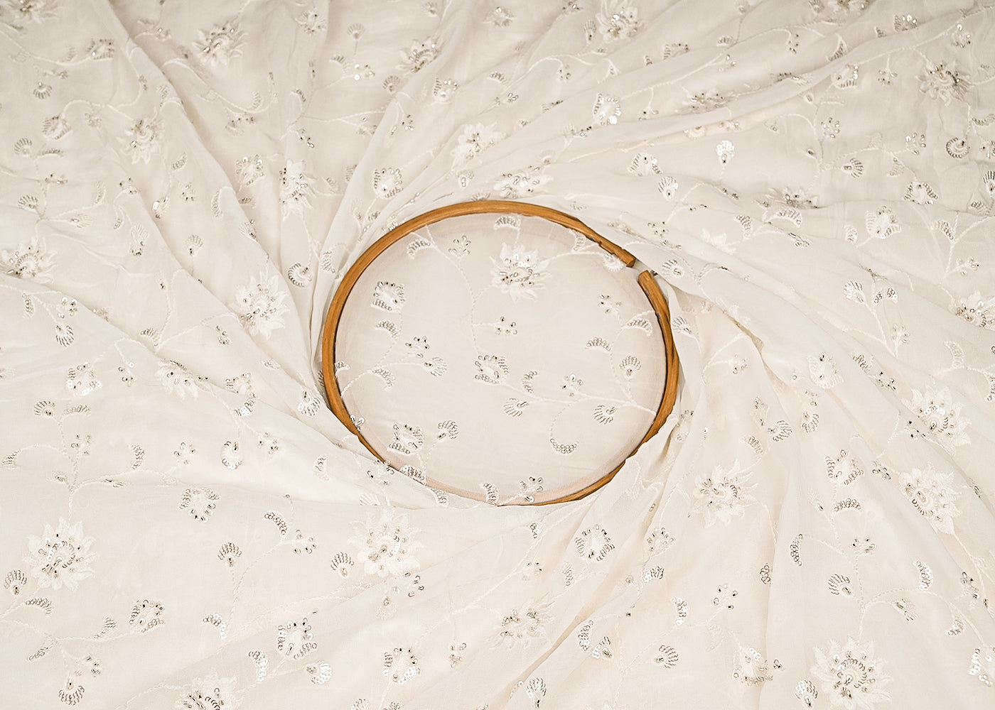 White Georgette Fabric with Allover Thread, Sequins and Katdana Work 21042