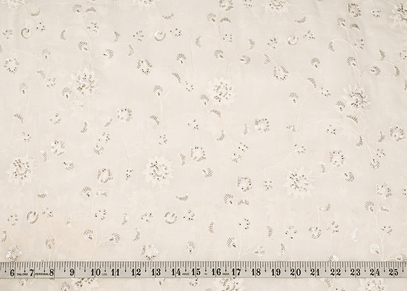 White Georgette Fabric with Allover Thread, Sequins and Katdana Work 21042