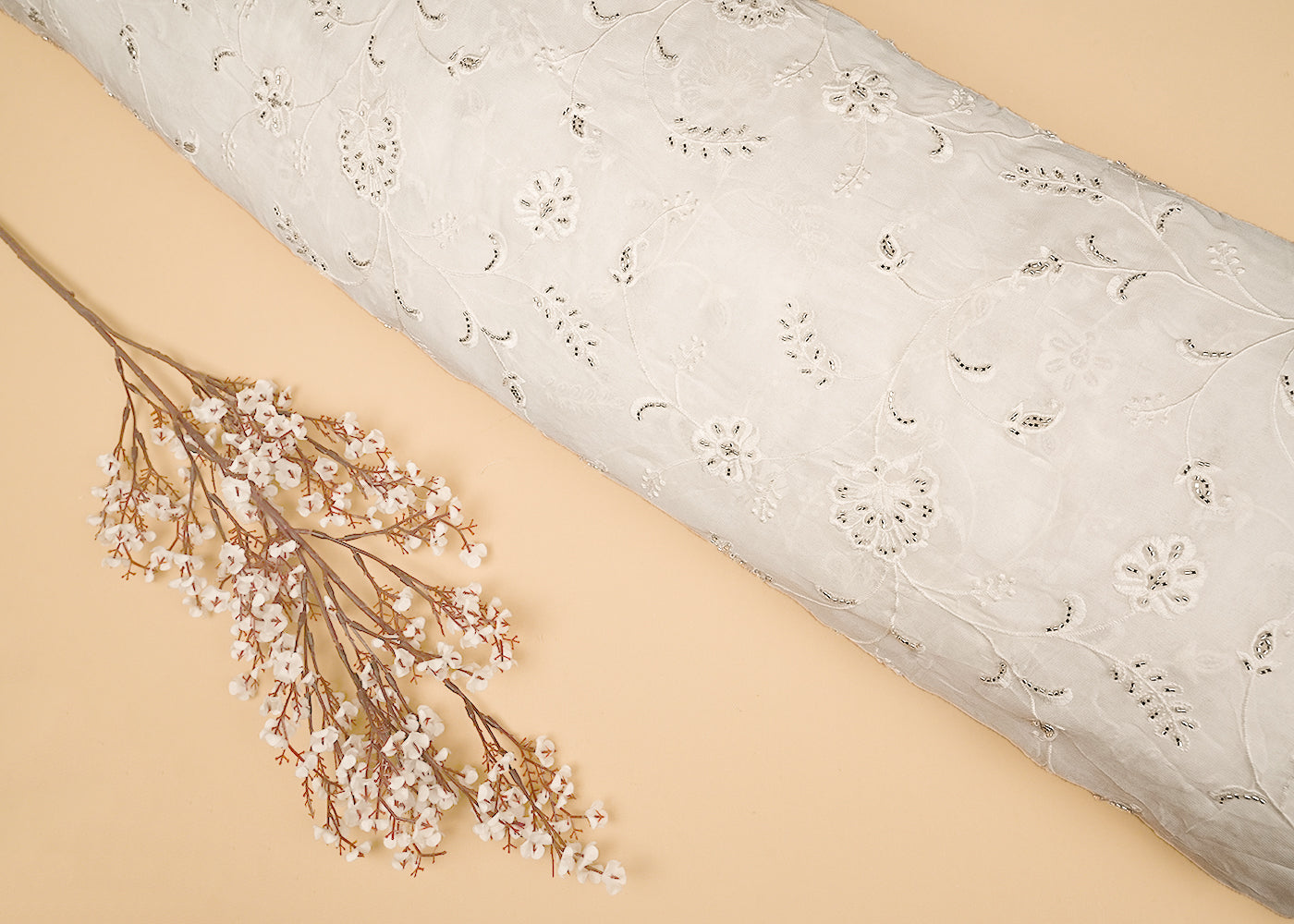 White Georgette Fabric with Allover Thread and Katdana Work 21043