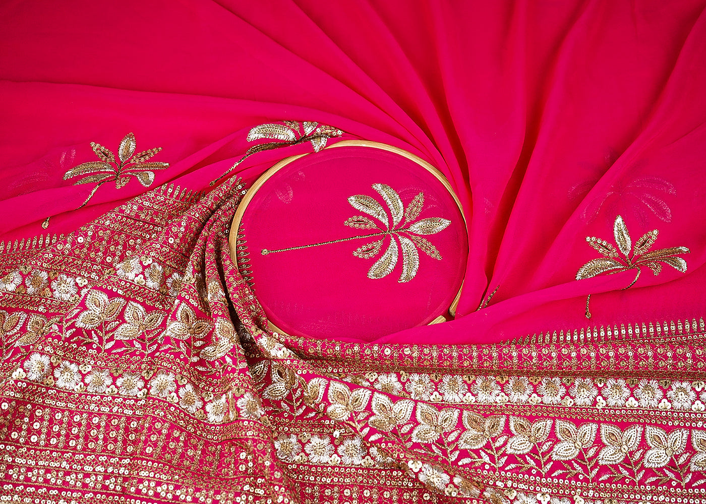 Rani Pink Georgette Fabric with Allover Zari and Sequins Work with One-Side Border 21045