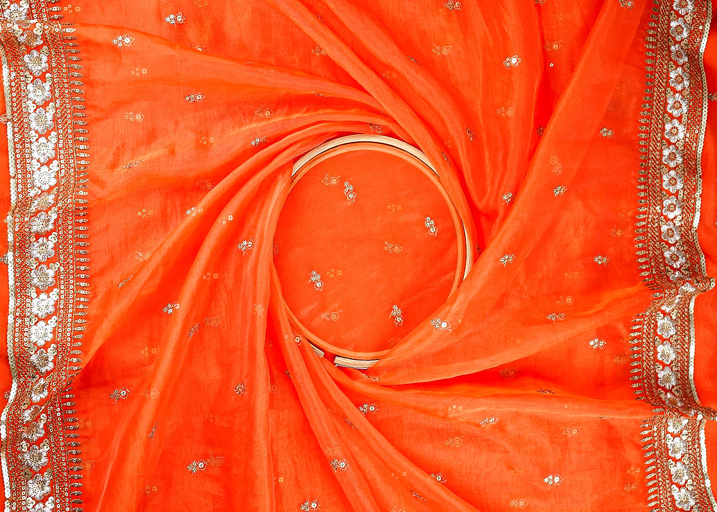 Orange Organza Fabric With All Over Zari And Sequins Buti With Two Side Border 21047