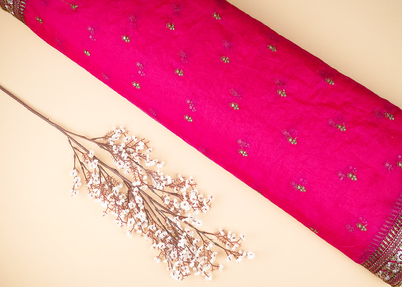 Rani Pink Organza Fabric With All Over Zari And Sequins Buti With Two Side Border 21049