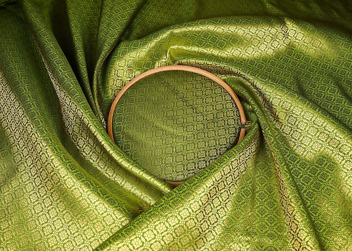 Mehendi Green Banarasi Brocade Fabric With All Over Golden Zari Handloom 21052