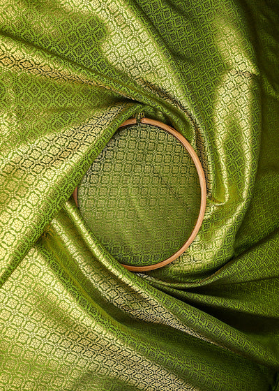 Mehendi Green Banarasi Brocade Fabric With All Over Golden Zari Handloom 21052
