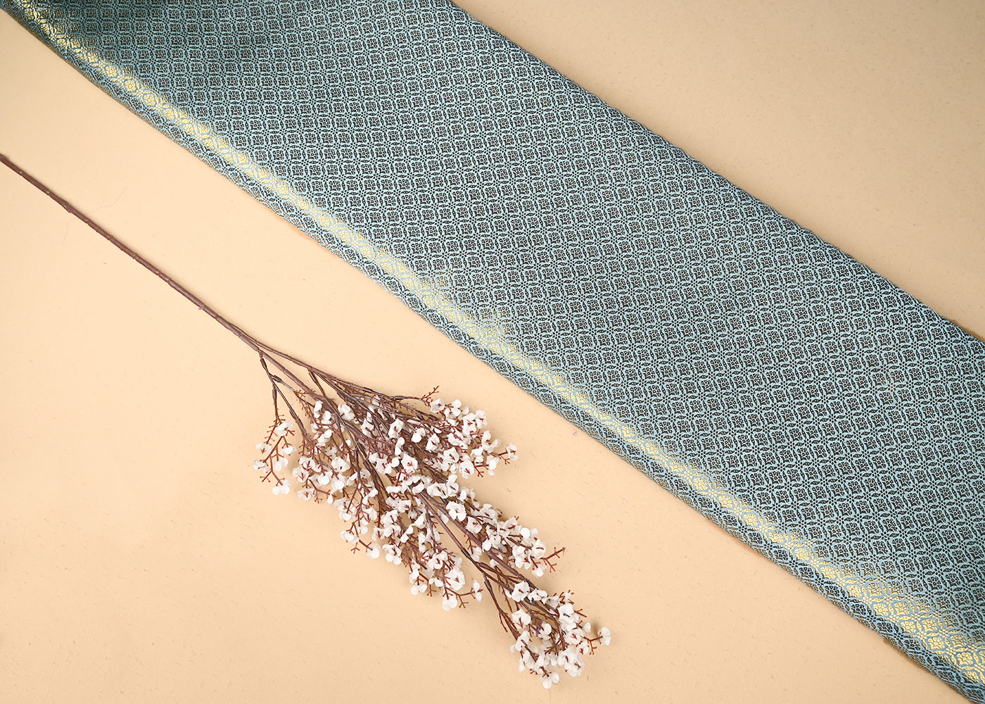 Blue Banarasi Brocade Fabric With All Over Golden Zari Handloom 21055