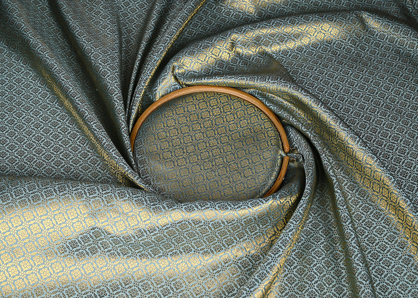 Blue Banarasi Brocade Fabric With All Over Golden Zari Handloom 21055