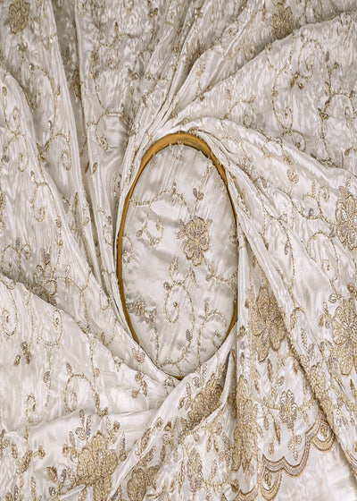 White Dyeable Crepe Fabric With All Over Jaal Pattern Of Katdana, Zari, Sequins And Bead Work With One Side Border 21062