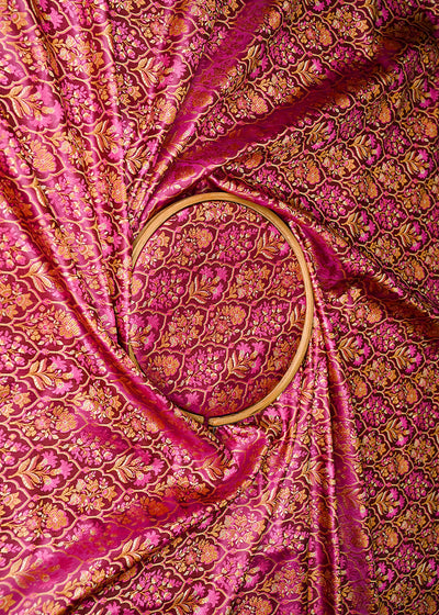 Dark Magenta Banarasi Brocade Fabric With All Over Thread And Golden Zari Handloom 21065