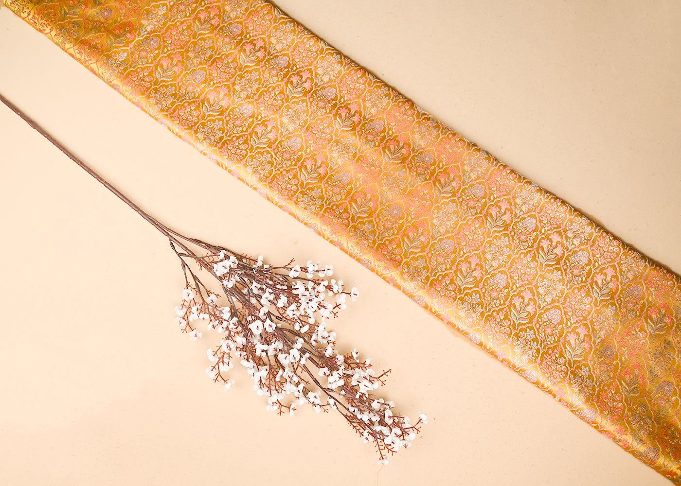 Yellow Banarasi Brocade Fabric With All Over Thread And Golden Zari Handloom 21066