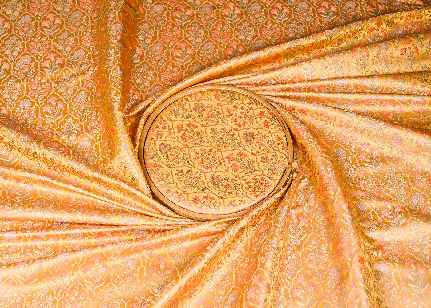Yellow Banarasi Brocade Fabric With All Over Thread And Golden Zari Handloom 21066