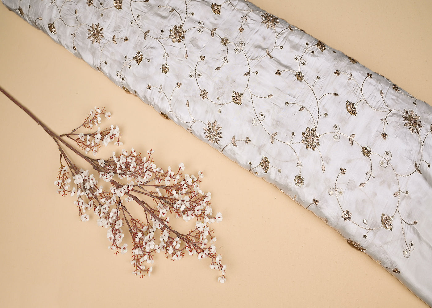 White Crepe Fabric With Allover Zari, Katdana And Sequins Work 21069