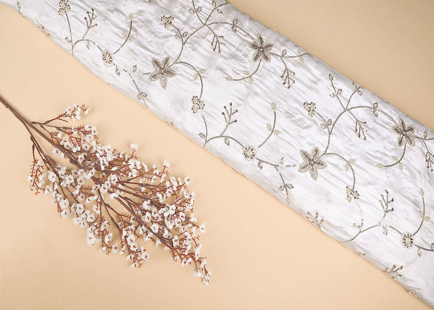 White Crepe Fabric With Allover Zari, Bead, Katdana And Sequins Work 21070