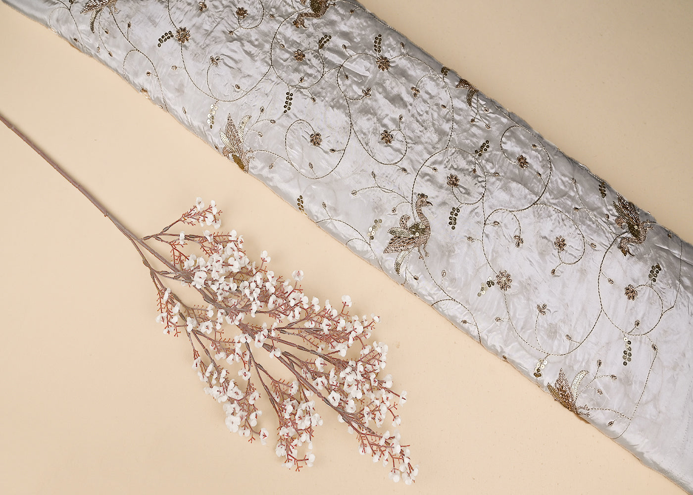 White Crepe Fabric With Peacock Motif Of Zari, Katdana And Sequins Work 21071