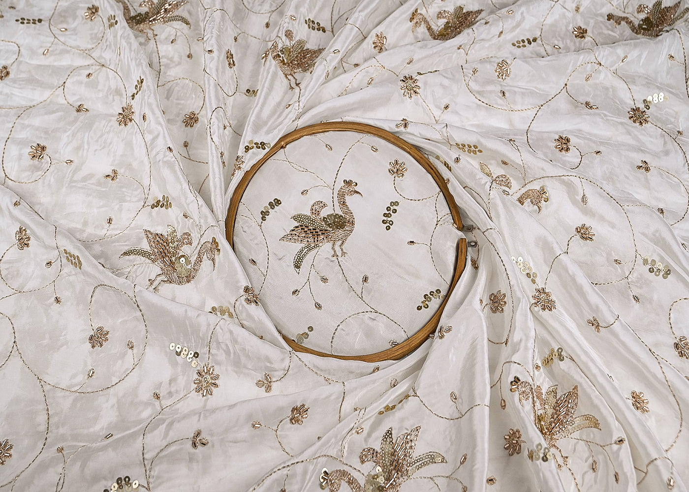 White Crepe Fabric With Peacock Motif Of Zari, Katdana And Sequins Work 21071