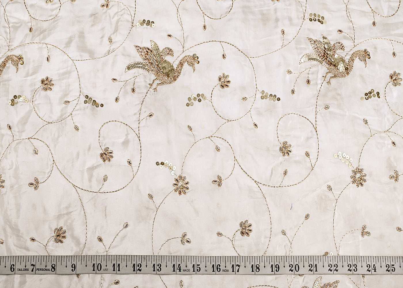 White Dyeable Crepe Fabric With Peacock Motif Of Zari, Katdana And Sequins Work 21071