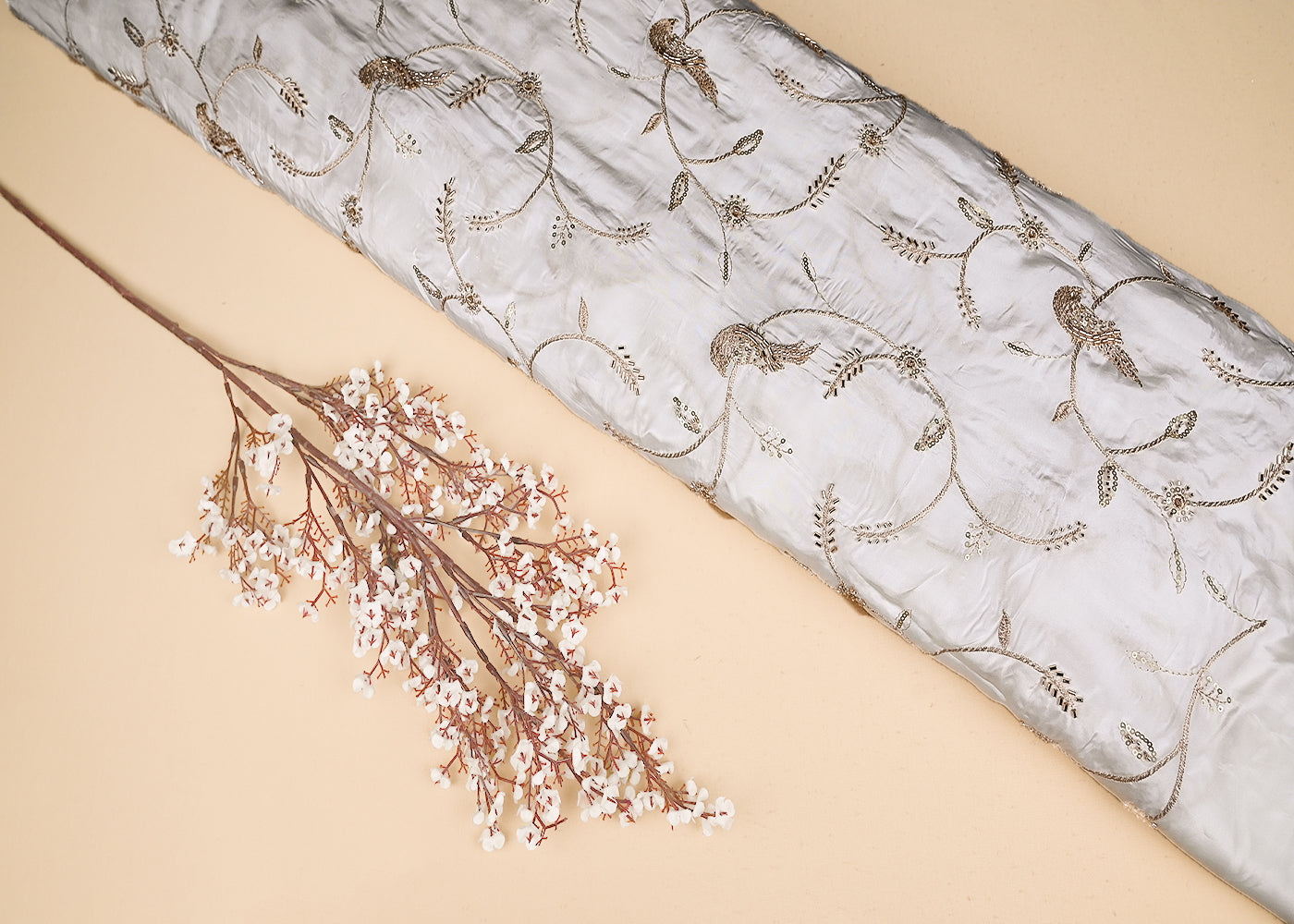 White Crepe Fabric With Bird Motif Of Zari, Katdana And Sequins Work 21072