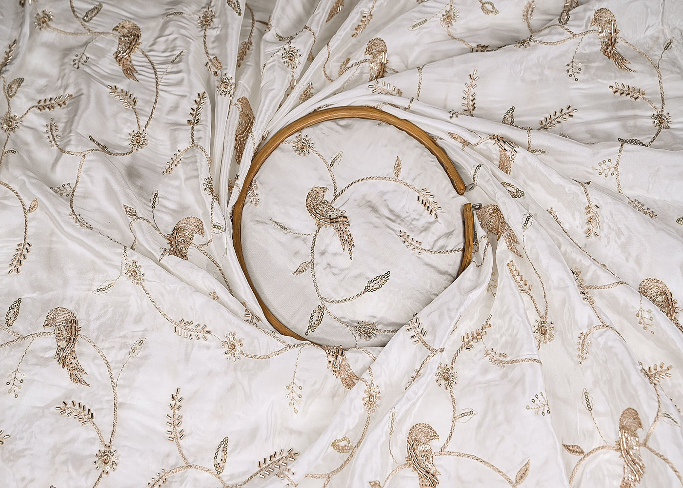 White Crepe Fabric With Bird Motif Of Zari, Katdana And Sequins Work 21072