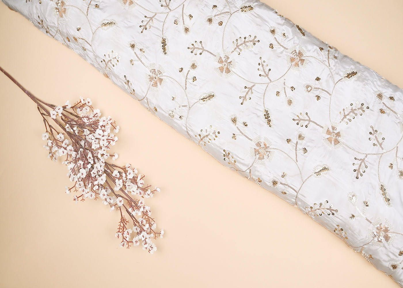 White Crepe Fabric With Allover Golden Zari, Sequins, Katdana And Bead Work 21073